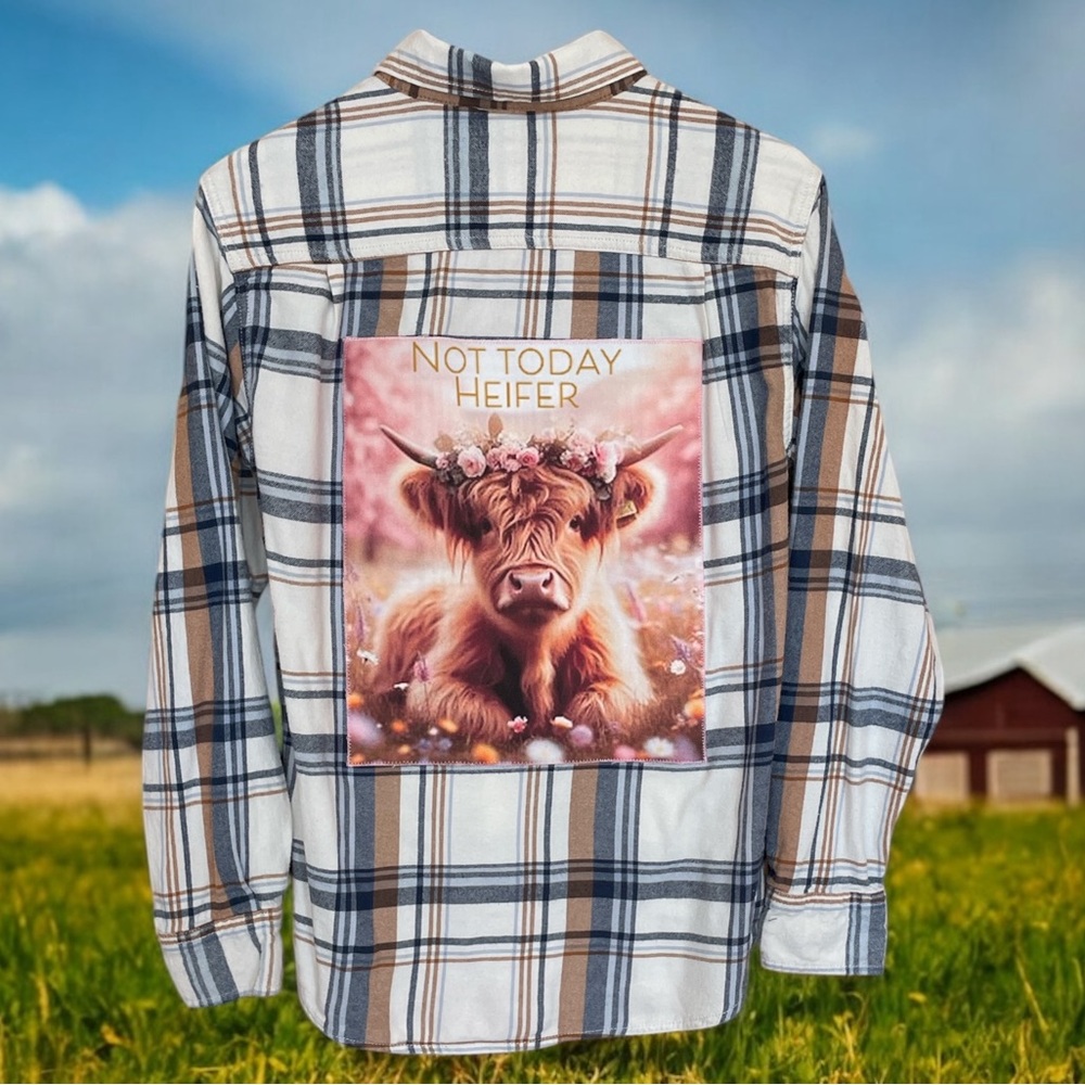 Upcycled Flannel Shirt Highland Cow Back Patch "Not Today Heifer" Medium